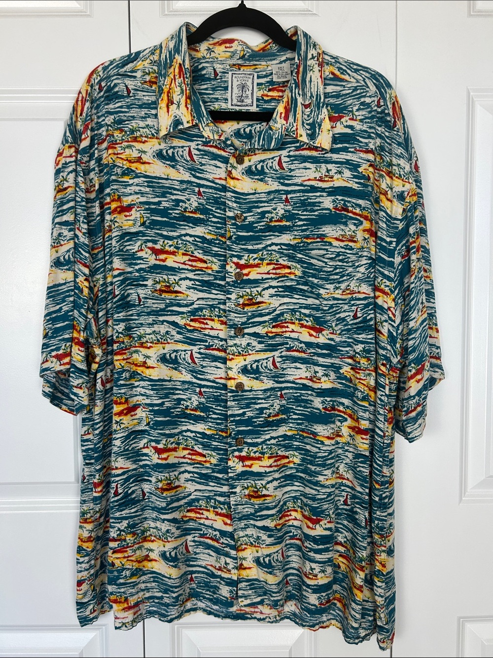 Vintage-Inspired Teal Wave Print Short-Sleeve Shirt Jacket Size 2XLT